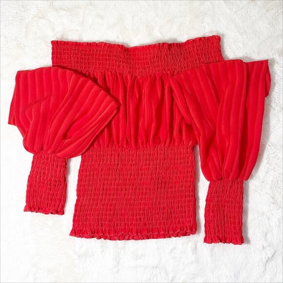 Fashion Nova Red Off-Shoulder Smocked Crop Blouse Top Size XS - Picture 4 of 6